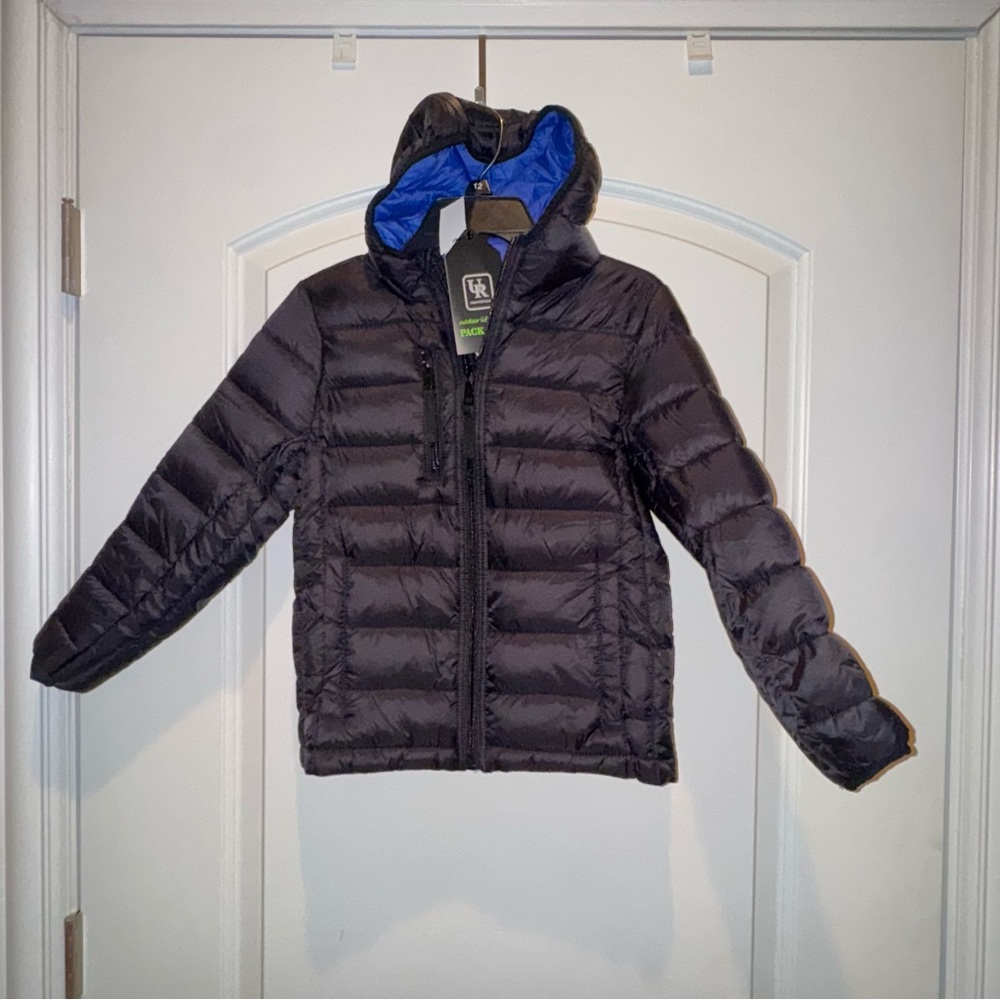 Urban Republic Boys Puffer Jacket Black Lightweight Packable Coat Size L/7Hooded